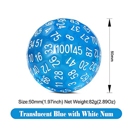 DNDND D100 Dice Blue 100 Sided Dice Set with Organza Pouch for Dungeons and Dragons DND (Translucent Blue with White Number) - color: Transparent Blue