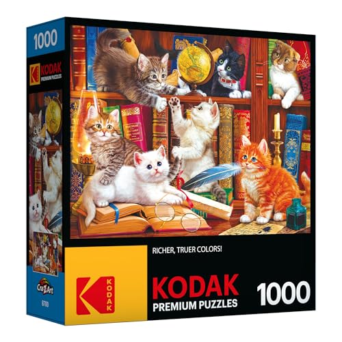 RoseArt Kodak Premium Library Mischief 1000 Piece Jigsaw Puzzle for Adults | Fully Interlocking Pieces, Bonus Poster Included, Made in USA, Birthday Gift - style: Library Mischief