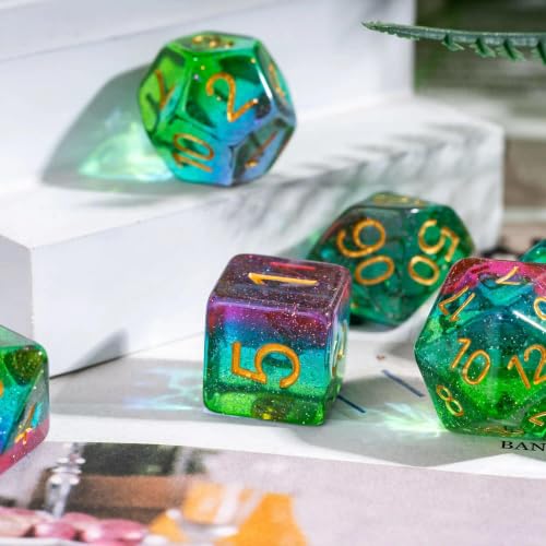Glitter DND Dice Set Green Polyhedral Dice for D&D Tabletop Games | Leather Storage Bag, DM Gift, for Dungeons and Dragons Role Playing Games - color: Glitter-green&blue&pink