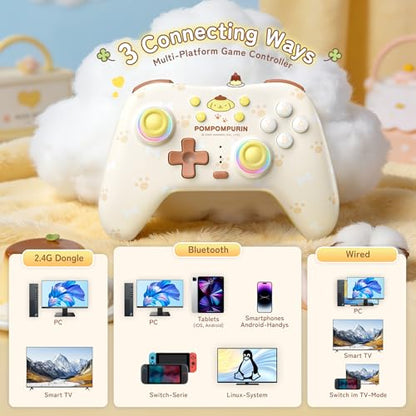 Kuitmor Pompompurin Switch Pro Controller, Cute Hall Effect Wireless Gamepad No Drift for Switch 2/Switch/OLED/Lite, PC/Steam, Android, iOS, Bluetooth + Wired, Turbo, Back Buttons, 6-Aixs Gyro, Wake-up, RGB (Yellow, Without 2.4g Receiver) - color: Yellow