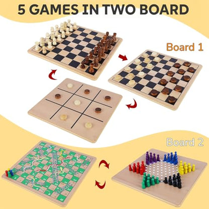 Glintoper 5-in-1 Wooden Board Game with 2 Reversible Boards for Chess, Checkers, Chinese Checkers, Snakes and Ladders, Tic Tac Toe, Tabletop Combo Classic Portable Board Games for Kids to Adult