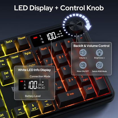 Redragon K526 PRO RGB Wireless Membrane Gaming Keyboard, 104 Keys Mechanical-Feel Keyboard w/LED Info Display, Media/Backlit Knob Control, Smooth Linear Switch & Software Supported - color: Black
