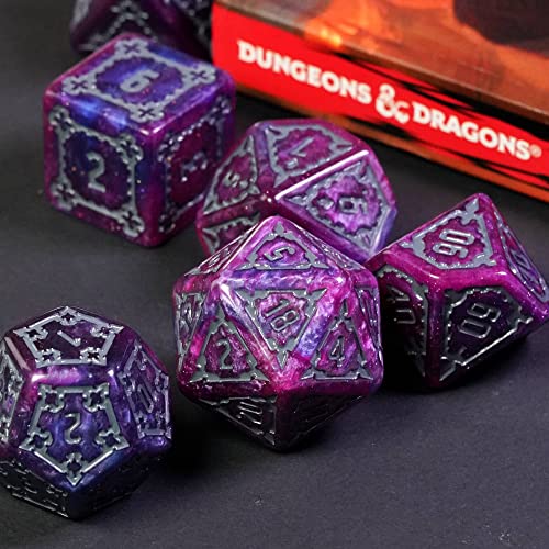 cusdie 7 Pcs 25mm Giant DND Dice with Dragon Eye Dice Bag, Polyhedral Dice Set, D&D Dice for Pathfinder RPG(Purple/Blue) - color: Purple/Blue