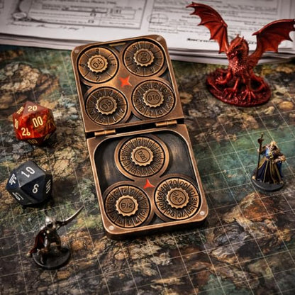 7-in-1 Metal Spinner DND Dice Set subitable for Dungeons & Dragons – Pocket Flip Rotating Dice with D4 D6 D8 D10 D12 D20 D% – Gaming Accessory with Magnetic Iron Box（Copper） - color: Copper