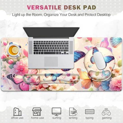 Gaming Mouse Pad, Large Desk Mat, 4in1 XXL Mousepad Cute Desk Pad Protector | Keyboard Wrist Rest+Mouse Wrist Rest+Coaster Set with Ergonomic Desk Pad for Home Office PC Computer, Butterflies Flowers - color: Butterflies Flowers