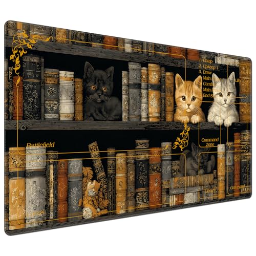 DEGDFSGR for MTG Playmat with Zones 24 x 14 inches for TCG Playmats Non-Slip Rubber Base Commander Play Mat for MTG Mat Iorcana Trading Card Game, Bookshelves and Cats - color: Bookshelves and Cats, size: 24" x 14"