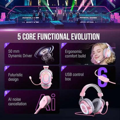 FIFINE AmpliGame H13P Wired RGB Gaming Headset for PC, Mac, PS4, PS5 | 50mm Drivers, 7.1 Surround Sound, Solid Metal Frame, AI Noise Canceling Mic, Game/chat Balance, for gaming/streaming - color: Pink