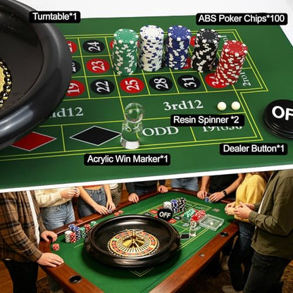 Casino Night Complete Game Set Include 16'' Green Roulette Wheel 35" X 16" Rubber Tabletop Layout Mat, 100 Chips Dealer Button Win Marker Casino Game Sets Gift Ideas