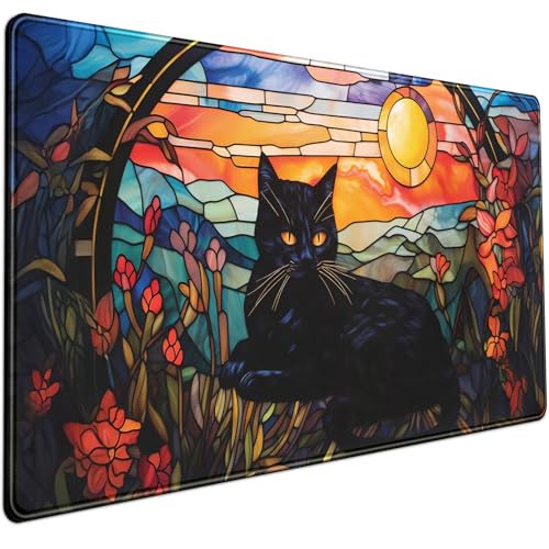 Black Cat Desk Mat Vintage Sunset XXL Large Mouse Pad Laptop Desk Mousepad with Stitched Edges, Keyboard Pad Mouse Mat for Work Game Office Desk Accessories 31.5x15.7 in - color: Aesthetic Black Cat