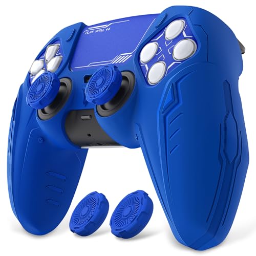 PlayVital Silicone Skin Set for PS5 Controller - Charging Dock Compatible, Full Protection Case with Futuristic CyberMech Design, Soft Cover with Thumb Grips & Stickers - Blue - color: Blue