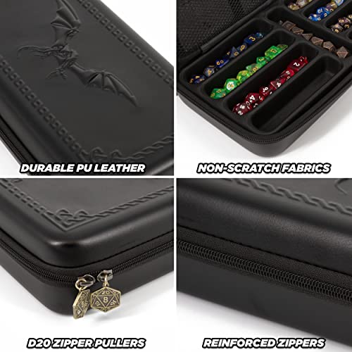 CASEMATIX Dice Box and Card Case for 9 Sets of RPG Dice, Spell Cards, Counters and Other Accessories - Hard Shell Dice Holder with Embossed Dragon Design, Carry Handle and Dice Tray Functionality
