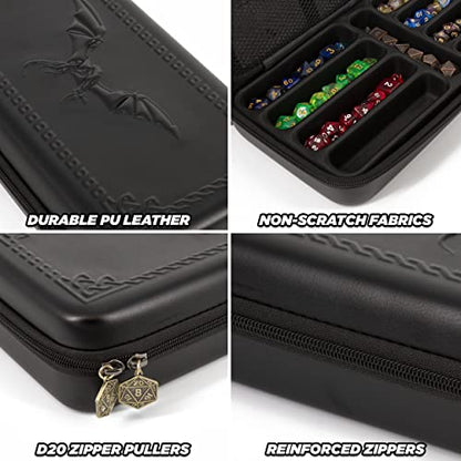 CASEMATIX Dice Box and Card Case for 9 Sets of RPG Dice, Spell Cards, Counters and Other Accessories - Hard Shell Dice Holder with Embossed Dragon Design, Carry Handle and Dice Tray Functionality