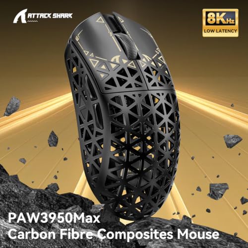 ATTACK SHARK R5Ultra 8K Carbon Fiber Wireless Gaming Mouse, Black | 42K DPI,PAW3950 MAX Sensor,39g Ultra-Lightweight,Nordic 52840 MCU Chip,Wired/BT/2.4GHz Wireless Programmable Mice for PC/Mac - color: Black