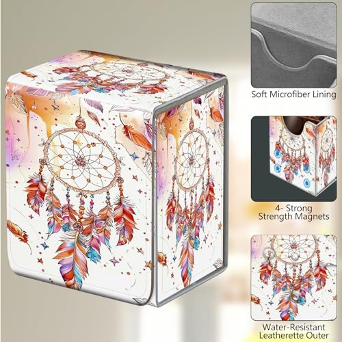Card Deck Box, Card Storage Box Fits 100+ Single Sleeved Cards, Large Capacity PU Leather Card Storage Box with Strong Magnet for Magic Commander TCG CCG, Dreamcatcher Feathers Beads - color: Dreamcatcher Feathers Beads