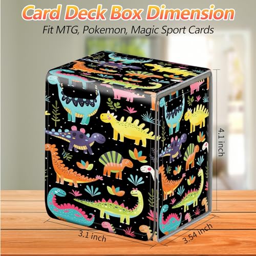 Card Deck Box, Card Storage Box Fits 100+ Single Sleeved Cards, Large Capacity PU Leather Card Storage Box with Strong Magnet for Magic Commander TCG CCG, Cartoon Dinosaurs - color: Cartoon Dinosaurs