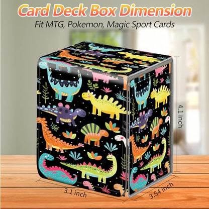 Card Deck Box, Card Storage Box Fits 100+ Single Sleeved Cards, Large Capacity PU Leather Card Storage Box with Strong Magnet for Magic Commander TCG CCG, Cartoon Dinosaurs - color: Cartoon Dinosaurs