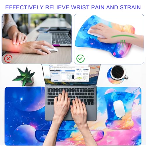MEGREZ 4-in-1 Mouse Pad with Wrist Rest Ergonomic Memory Foam Desk Mat Set | ergonomic, anti-slip base, 4pcs set, desk pad, mouse wrist rest, keyboard rest, coaster, ideal for office & gaming - color: Colorful Interstellar