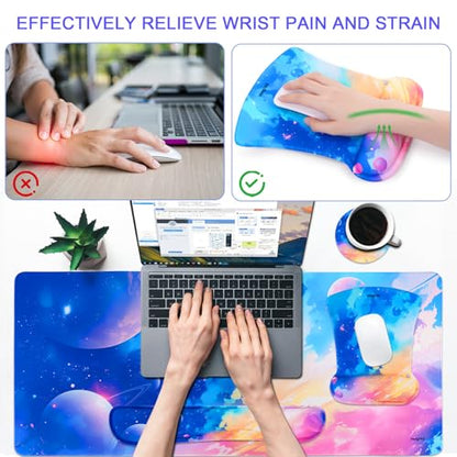 MEGREZ 4-in-1 Mouse Pad with Wrist Rest Ergonomic Memory Foam Desk Mat Set | ergonomic, anti-slip base, 4pcs set, desk pad, mouse wrist rest, keyboard rest, coaster, ideal for office & gaming - color: Colorful Interstellar