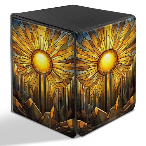 BVDIKMI Card Deck Box for MTG, Card Storage Box Fits 100+ Single Sleeved Cards, PU Leather Strong Magnet Card Deck Case Holder for Magic Commander TCG CCG, Yellow Sun - color: Yellow Sun