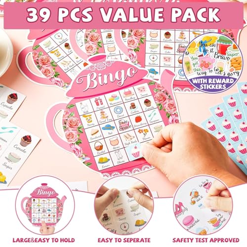 39Pcs Tea Party Bingo Game for Adults 24 Players Floral Teapot Shape Bingo Cards with Reward Stickers for Family Friend Student Large Group Activities Garden Bridal Wedding Holiday Party Favors - style: Tea