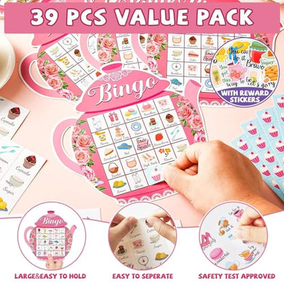 39Pcs Tea Party Bingo Game for Adults 24 Players Floral Teapot Shape Bingo Cards with Reward Stickers for Family Friend Student Large Group Activities Garden Bridal Wedding Holiday Party Favors - style: Tea