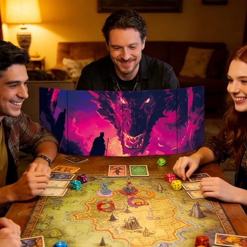Byhoo 2 PCS DM Screen for D&D 5E with 2 Immersive Themes，Waterproof Reusable Surface, Tri-Fold Portable Design Folds to Approx. A4 Size DND Accessories Compatible with Players Handbook - style: Planar Realms - 2PCS: Inferno Gale&Oneiric rift