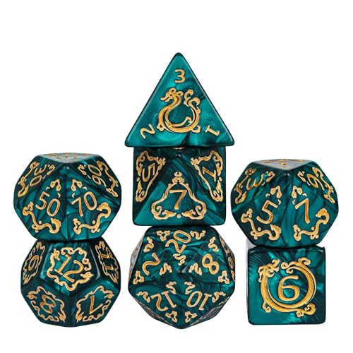 7-Die DND Dice Set Dragon Pattern Polyhedral Die with Leather Bag D&D Dice Set for RPG Table Games (Green W/Gold Dragon Pattern) - color: Green W/Gold Dragon Pattern