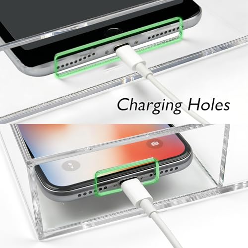 Acrylic Wall Mounted Phone Holder, Tablet Wall Mount with Charging Holes, 2 Slots Wall Remote Control Holder for iPad Kindle Laptop, Clear