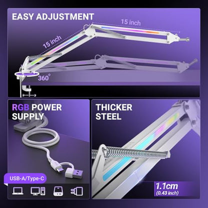 FIFINE AmpliGame BM38W Heavy Duty RGB Microphone Boom Arm for Gaming | Podcasting C-Clamp Desktop Mic Mount, Angle Adjustment, 3/8" to 5/8" Screw, for FIFINE AM8 - color: White