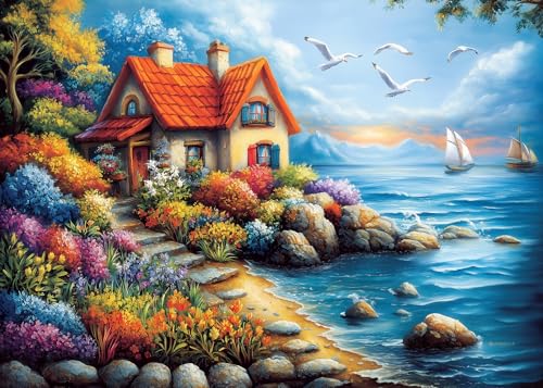 1000 Piece Puzzle for Adults - Seaside Cottage Puzzles for Adults 1000 Pieces, Letters on Back, Seaview Cabin Jigsaw Puzzle, Challenging Puzzles for Teens Seniors - 27.6 x 19.7 inches - color: Seaside Cottage