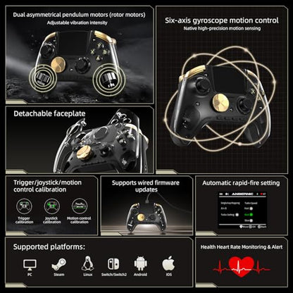 Voacle RG G01 Interactive Screen Wireless Gaming Controller Compatible with PC/Steam/Linux/Android/Switch/IOS 2.4G Wireless Bluetooth Controller Gamepad Hall Effect Triggers(Black) - color: Black