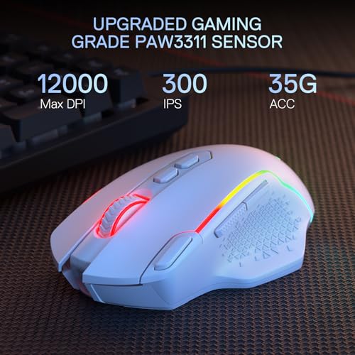 Redragon M810 MAX Wireless RGB Gaming Mouse 12000 DPI Remapping Keys | Cable-Free 0 Delay, Smooth Precise Tracking, Rapid-Fire Macro Keybinds, Vibing Backlight, Ergonomic Grip Body Comfort - color: White, style: M810 PRO MAX