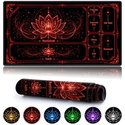 Playmat for MTG with Zones, 24 x 14 Inch Card Game Mat, Stitched Edges, Non Slip Rubber Base, 2mm Washable Play Mat with Storage Bag, Lotus Flower Design, Red Color - color: Red
