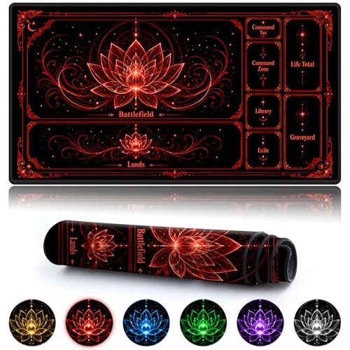 Playmat for MTG with Zones, 24 x 14 Inch Card Game Mat, Stitched Edges, Non Slip Rubber Base, 2mm Washable Play Mat with Storage Bag, Lotus Flower Design, Red Color - color: Red