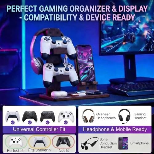 Wooden Headphone & Headset Stand, Controller Holder for PS5 & Xbox– Gaming Equipment, Gamer Gifts & Room Decor for Boy, Girl, Son, Husband, Boyfriend