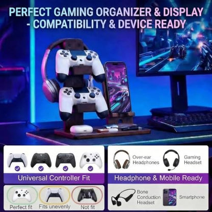 Wooden Headphone & Headset Stand, Controller Holder for PS5 & Xbox– Gaming Equipment, Gamer Gifts & Room Decor for Boy, Girl, Son, Husband, Boyfriend
