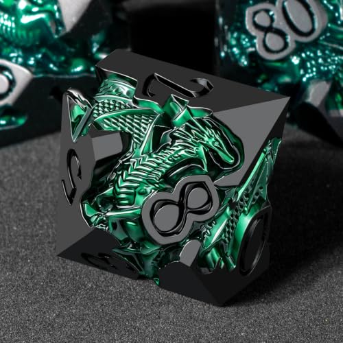 Roycevon Relief Dragon DND Dice Set for Role Playing Game, 7Pcs Metal D&D Dice Set Dungeons Dragons with Gift Box, Polyhedral D and D Dice D20 D12 D10 D8 D6 D4, Green and Black - color: Green and Black