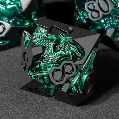 Roycevon Relief Dragon DND Dice Set for Role Playing Game, 7Pcs Metal D&D Dice Set Dungeons Dragons with Gift Box, Polyhedral D and D Dice D20 D12 D10 D8 D6 D4, Green and Black - color: Green and Black