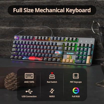Full Size Mechanical Keyboard, Creamy Keyboard with Number Pad, 104 Keys Wired Gaming Keyboard with Red Switch, RGB Backlit for PC Laptop - color: Blue Samurai