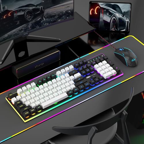 MageGee GT838 Gaming Keyboard and Mouse Combo, 104 Keys RGB Backlit Quiet Wired Keyboards for Laptop PC MAC, with Number Pad, Metal Panel, Anti-Ghosting, White Black - color: White Black