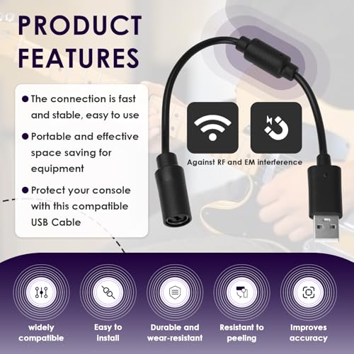USB Breakaway Cable for Xbox 360, Rocksmith Real Tone Cable, Xbox Controller Cord, Xbox USB Adapter, Guitar Hero Dongle , Compatible with Logitech G920 G923 G27 & Thrustmaster 458 Spider Racing Wheel - size: 5-PACK