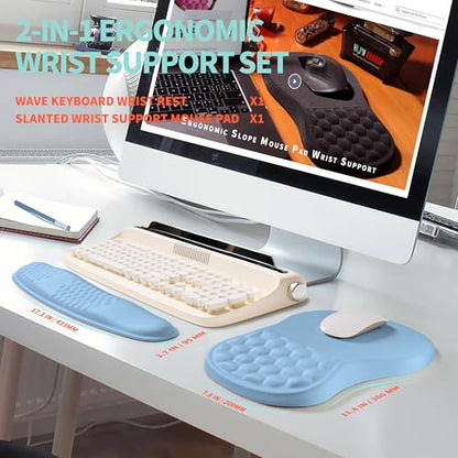 2-in-1 Ergonomic Set, Wave Rise Keyboard Wrist Rest and Massage Bulge Slope Mouse Pad Wrist Support, Cushion Memory Foam Integrated to Relieve Wrist Pain, Lake Blue - color: Lake Blue