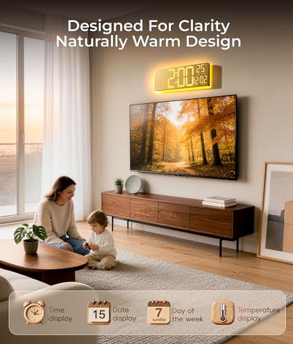 EASYERA 16.5" Large Digital Wall Clock BT Sync, 11 Scenes Mode Beige Clock | Remote Control, Big LED Clock with Dual Alarms, Auto DST, Temperature for Classroom Gaming - color: Beige
