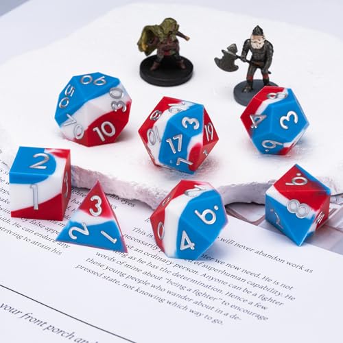 D&D Silicone Rubber Polyhedral DND Dice Set,Sharp Edges Soft Perfect Bouncer for Dungeons and Dragons, RPG, MTG (D4, D6, D8, D10, D12, D20, D%) for Ages 15 and Up - color: Blue White Red