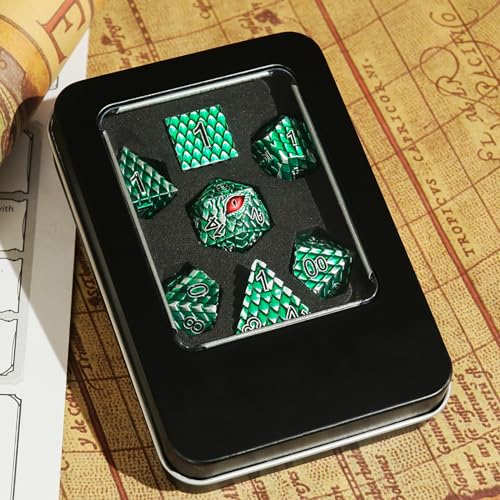 Dragon Eye Metal Dice Set, 7 Pcs Dragon Scale Metallic Dice, Gift Box for Dungeons & Dragons Tabletop Game (Green Dragon Scale & Red Eye) - color: Green Dragon Scale & Red Eye
