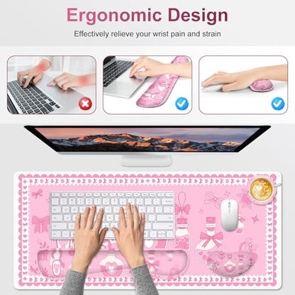 Desk Mat Pad, Gaming Mouse Pad Wrist Support Set, 4 in1 Non-Slip XXL Large Mousepad + Ergonomic Keyboard Wrist Rest+Mouse Wrist Rest+Coaster for Home Office Computer I Pink Kawaii Bow Bottle - color: Pink Kawaii Bow Bottle