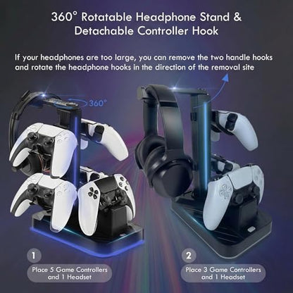 PS5 Controller Charger with Headphone Stand, RGB PS5 Controller Charging Station Dock with 3 USB Ports, Headset and Controllers Holder Stand for PlayStation 5 & DualSense Edge Controllers - size: Charger with Holder for PS5