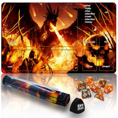 MTG Playmat with Storage Tube & 7-Dice Set - Waterproof TCG Playmat with Stitched Edges, Non-Slip Rubber Card Game Mat (24"x14") (playmat with Zones, 2-A Vicious fire-Breathing Dragon) - color: 2-a Vicious Fire-breathing Dragon, style: playmat with zones