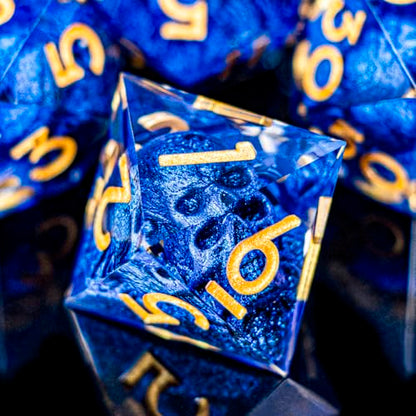 DND Skull Dice Set 7PCS Necromancer Polyhedral Dice for Dungeons Dragons RPG Role Playing Game, Resin Sharp Edged D and D Dice with Gift Box D6 D8 D10 D12 D20 (Golden Blue) - color: Blue&gold