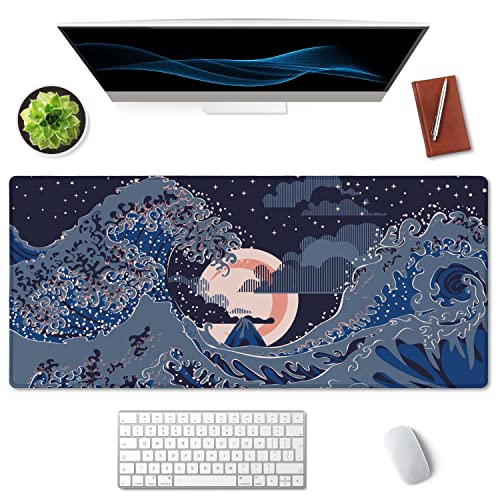SSOIU Nightscape with Big Ocean Waves Mouse Pad 35.5 X 15.7 Inch XXL Modern Full Desk Mousepad Extended Large Non-Slip Rubber Base Waterproof Big Keyboard Mat with Stitched Edges for Gaming and Office - color: Nightscape With Big Ocean Waves